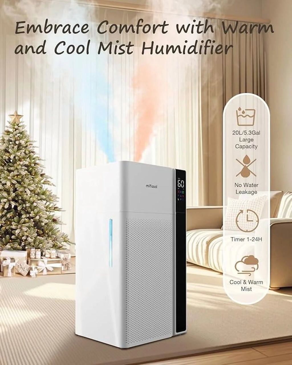 Warm and Cool Mist Humidifier Large Room, 5.3gal/20 L Whole House Humidifiers for Home, Top Fill, Black