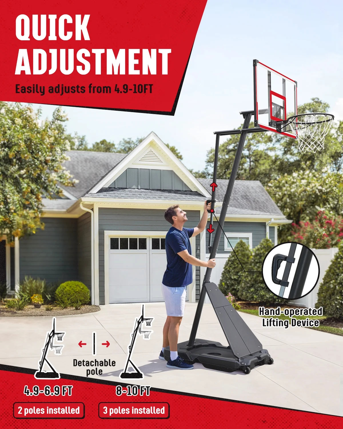 Seray Basketball Hoop with 4.8 - 10 Feet Height Adjustable for Kids/Adults, Portable Basketball Goal with 44 in Backboard and 2 Wheels for Outdoor/Indoor Sports