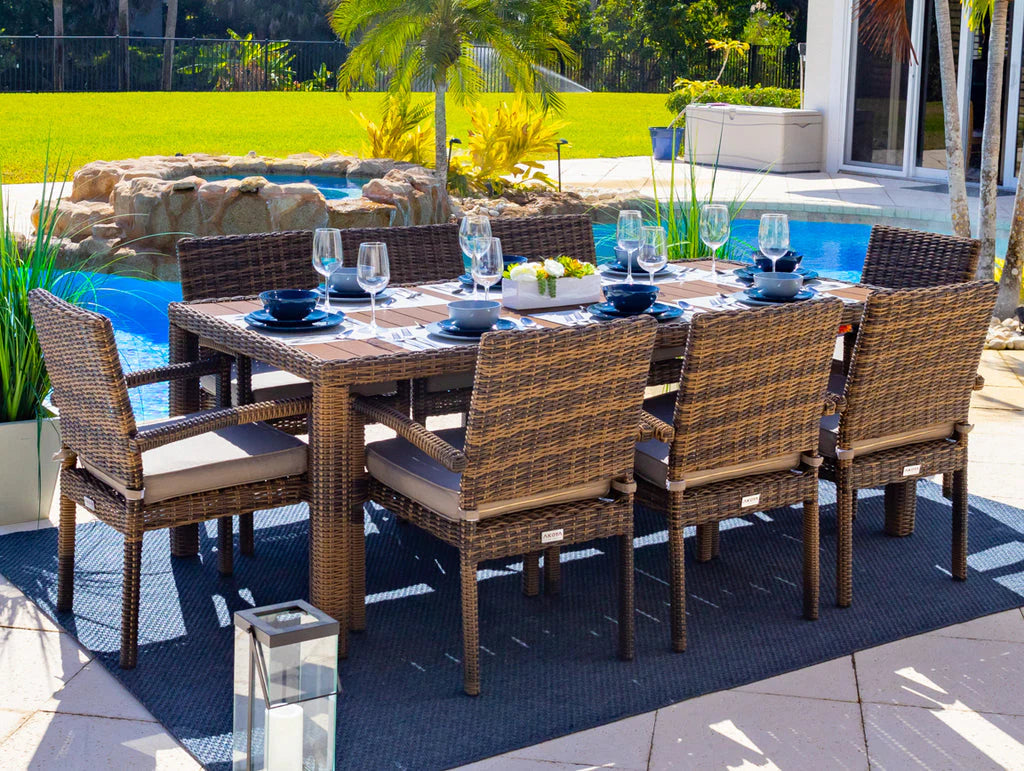Tuscany 21 - Piece Resin Wicker Outdoor Patio Furniture Combination Set with Sectional Set, Eight - Seat Dining Set, and Chaise Lounge Set (Half - Round Brown Wicker, Polyester Light Gray)