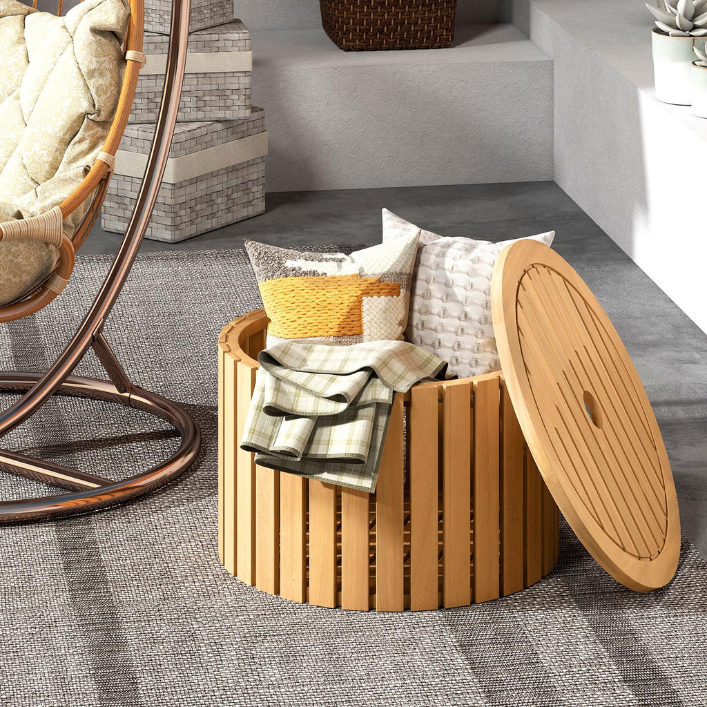 2-in-1 Outdoor Side Table with Storage Acacia Wood Slatted Coffee Table Round Slatted End Storage Box