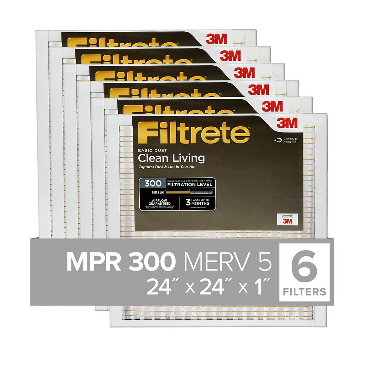 Filtrete MPR 300 24x24x1 AC Furnace Air Filter Clean Living Basic Dust 6-Pack