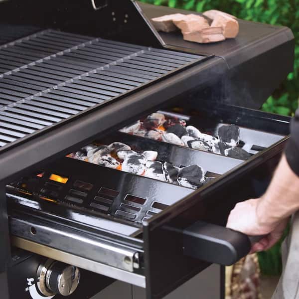 Flavor Pro 4-Burner Propane. Wood Gas Grill with Multi-Fuel Flavor Drawer in Silver