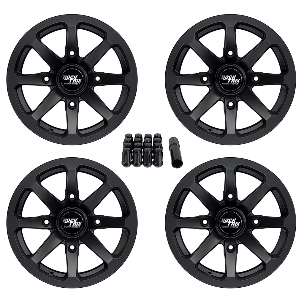Rocktrix RT102 4pc 14in ATV Wheels 4x110 Rims 14x7, 5+2 Offset, Includes 10x1.25 Lug Nuts - Compatible with IRS Honda Kawasaki Yamaha Rubicon Rincon Brute Force Kodiak Grizzly Rhino 4/110 (Set of 4)
