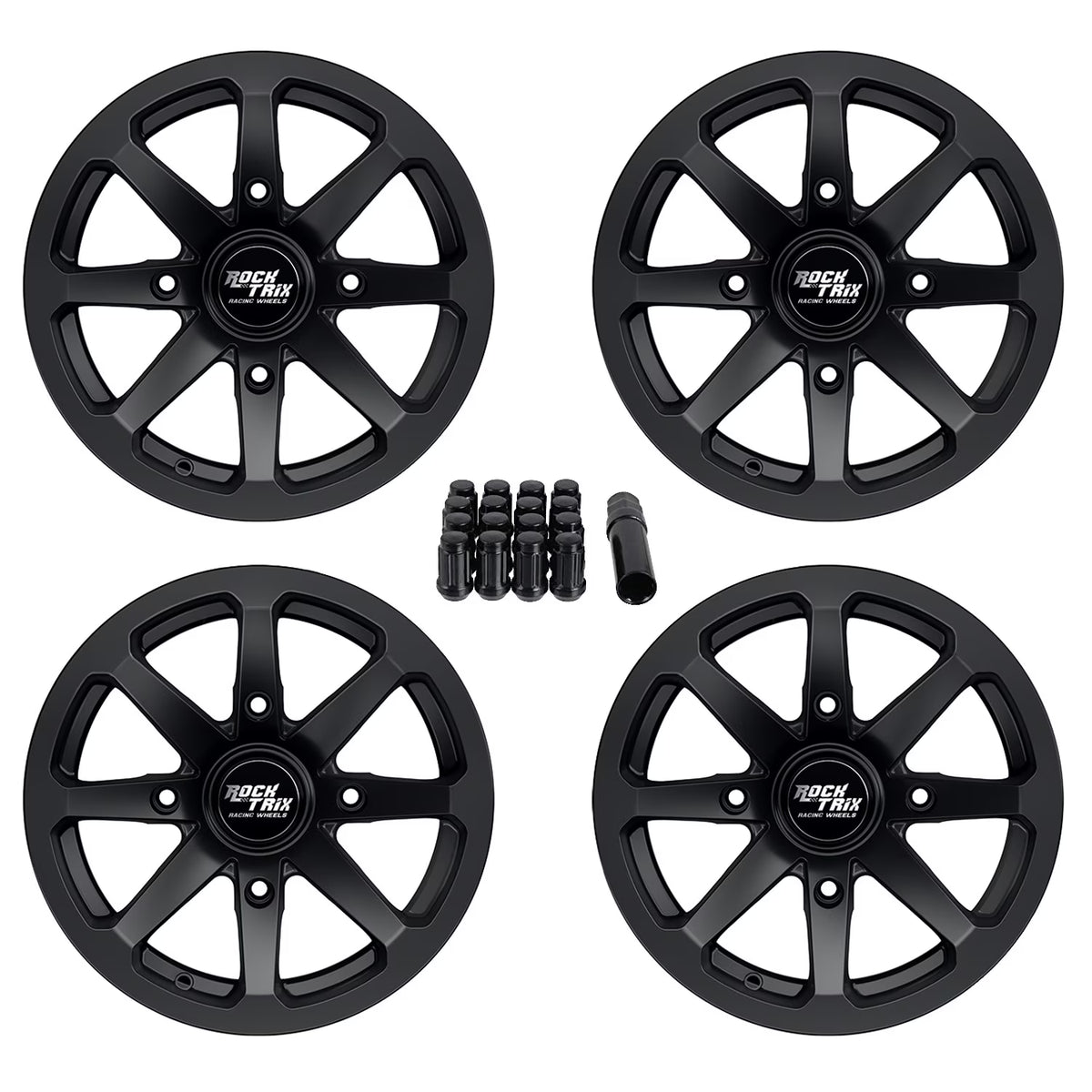 Rocktrix RT102 4pc 14in ATV Wheels 4x110 Rims 14x7, 5+2 Offset, Includes 10x1.25 Lug Nuts - Compatible with IRS Honda Kawasaki Yamaha Rubicon Rincon Brute Force Kodiak Grizzly Rhino 4/110 (Set of 4)