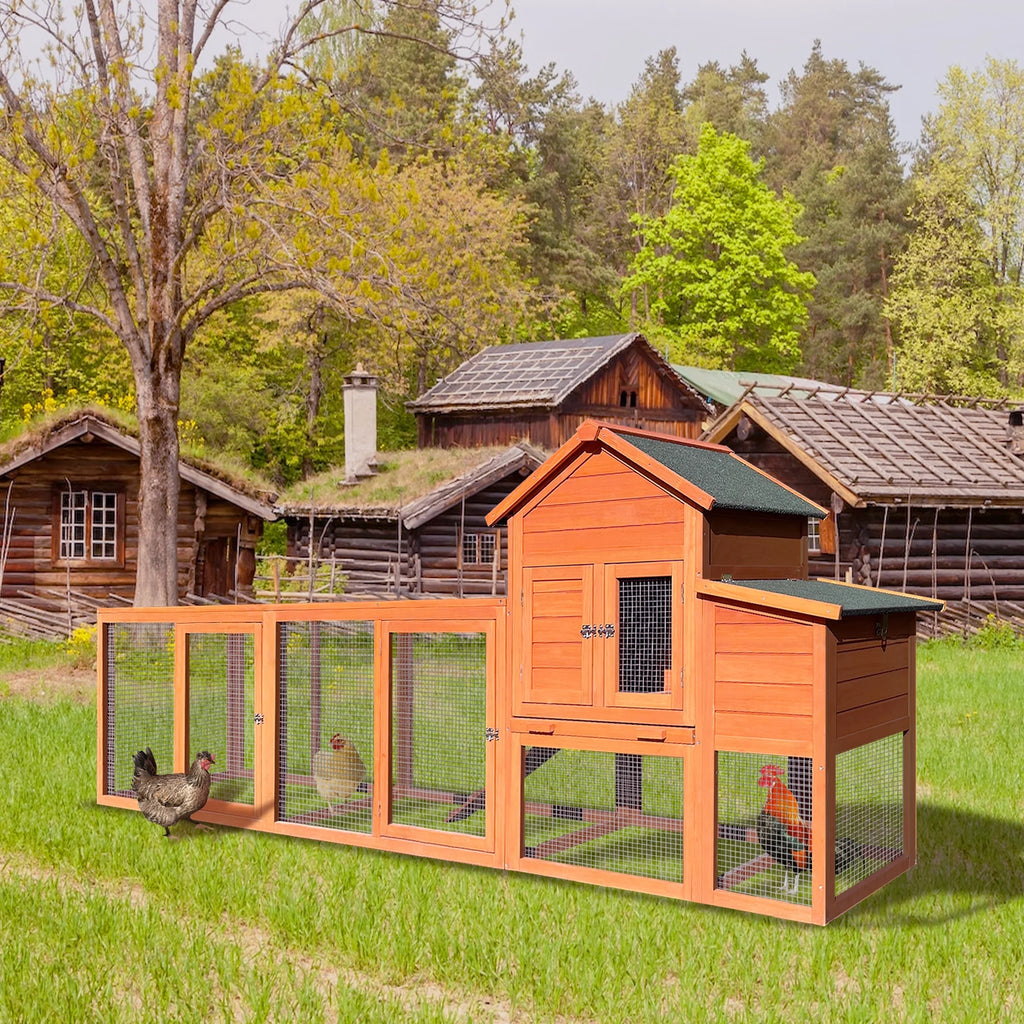 Pefilos 112" Large Rabbit Hutch Outdoor Wood Chicken Coop, Hen House with Nest Box, Wire Fence Poultry Cage, Orange