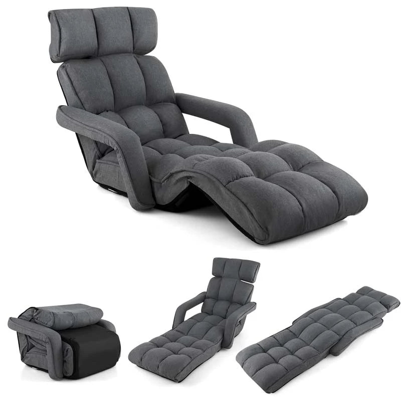 6-Position Adjustable Floor Sofa Bed, Folding Lazy Sofa Chaise Lounger Recliner with Armrests & Footrests for Living Room, Bedroom & Gaming