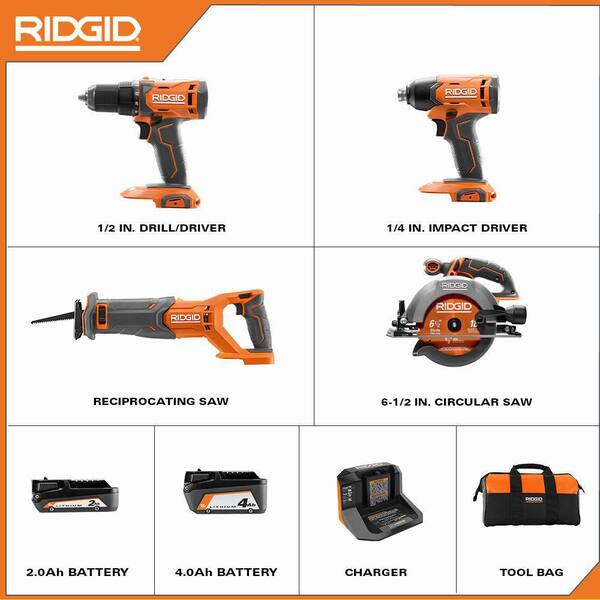 18V Cordless 4-Tool Combo Kit with 4.0 Ah Battery. 2.0 Ah Battery. Charger. Bag and 18V 4.0 Ah Battery