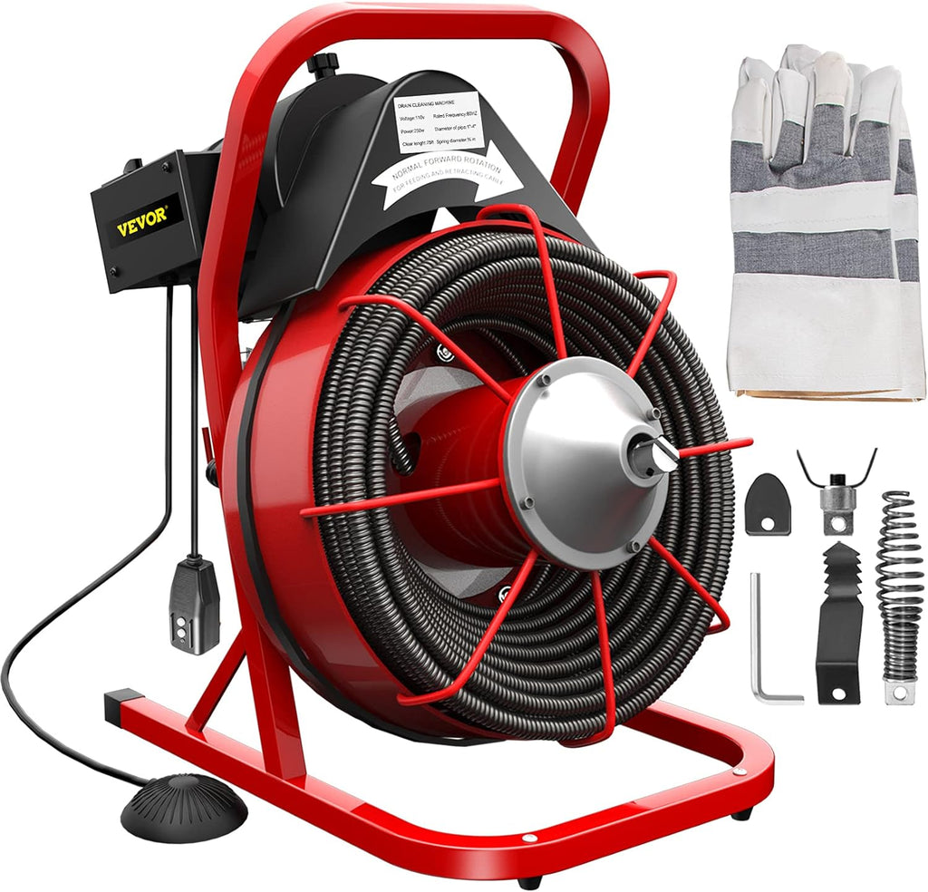 Drain Cleaner Machine. 75 Ft x 3/8 Inch Drain Cleaning Machine Fits 1 to 4 Inch Pipes. Portable Drain Auger Cleaner with 4 Cutters. Electric Drain Clog Remover Plumbing Tool