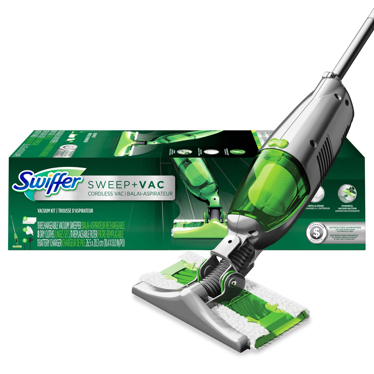 Swiffer Sweep and VAC Vacuum Cleaner for Floor Cleaning, 11 Piece Set Includes: 1 Rechargeable Vacuum Sweep, 8 Dry Cloths, 1 Battery Charger and 1