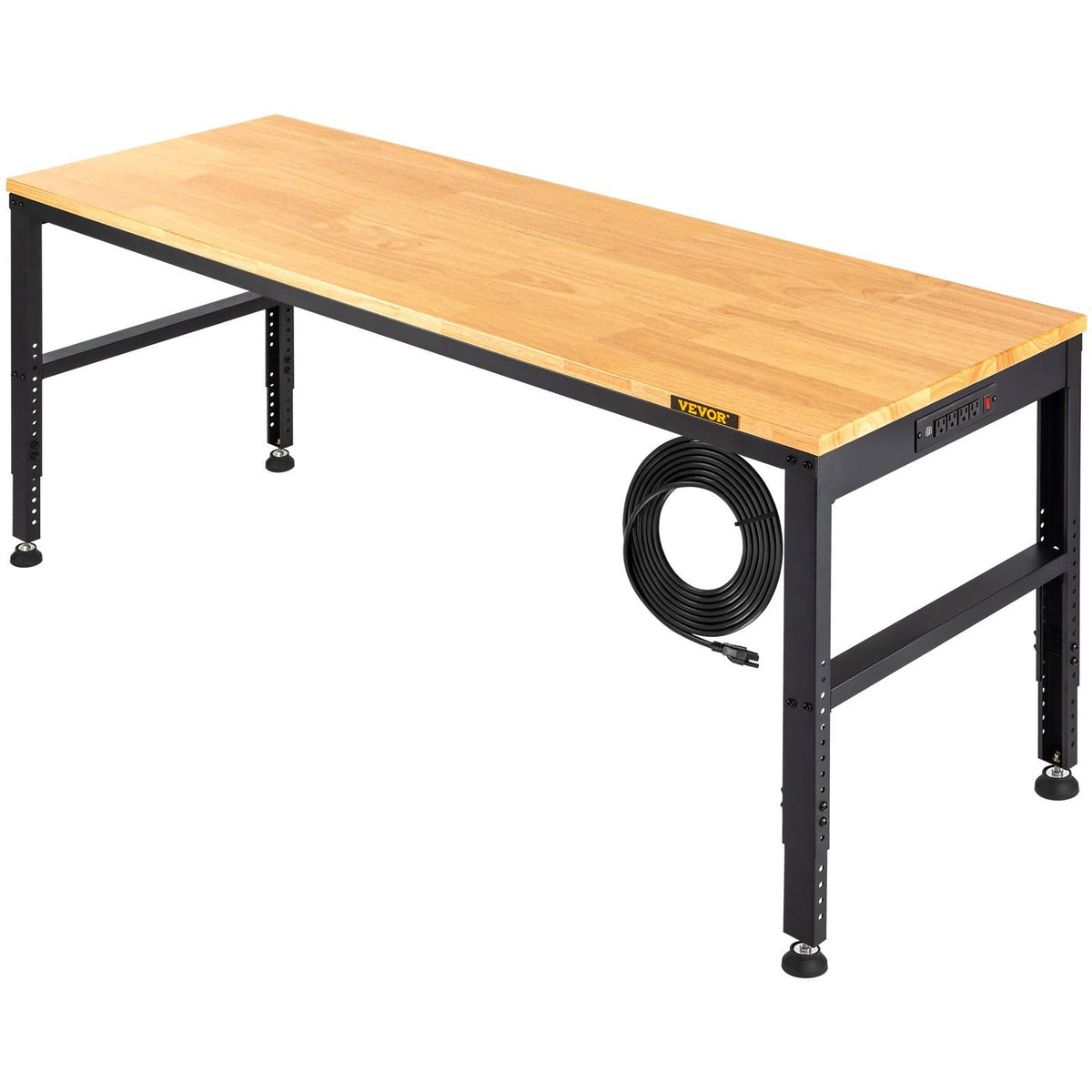 VEVOR Workbench Adjustable Height 61" x 20" Garage Table w/ 27.1" - 36" Heights & 2000 lbs Load Capacity with Power Outlets & Hardwood Top & Metal