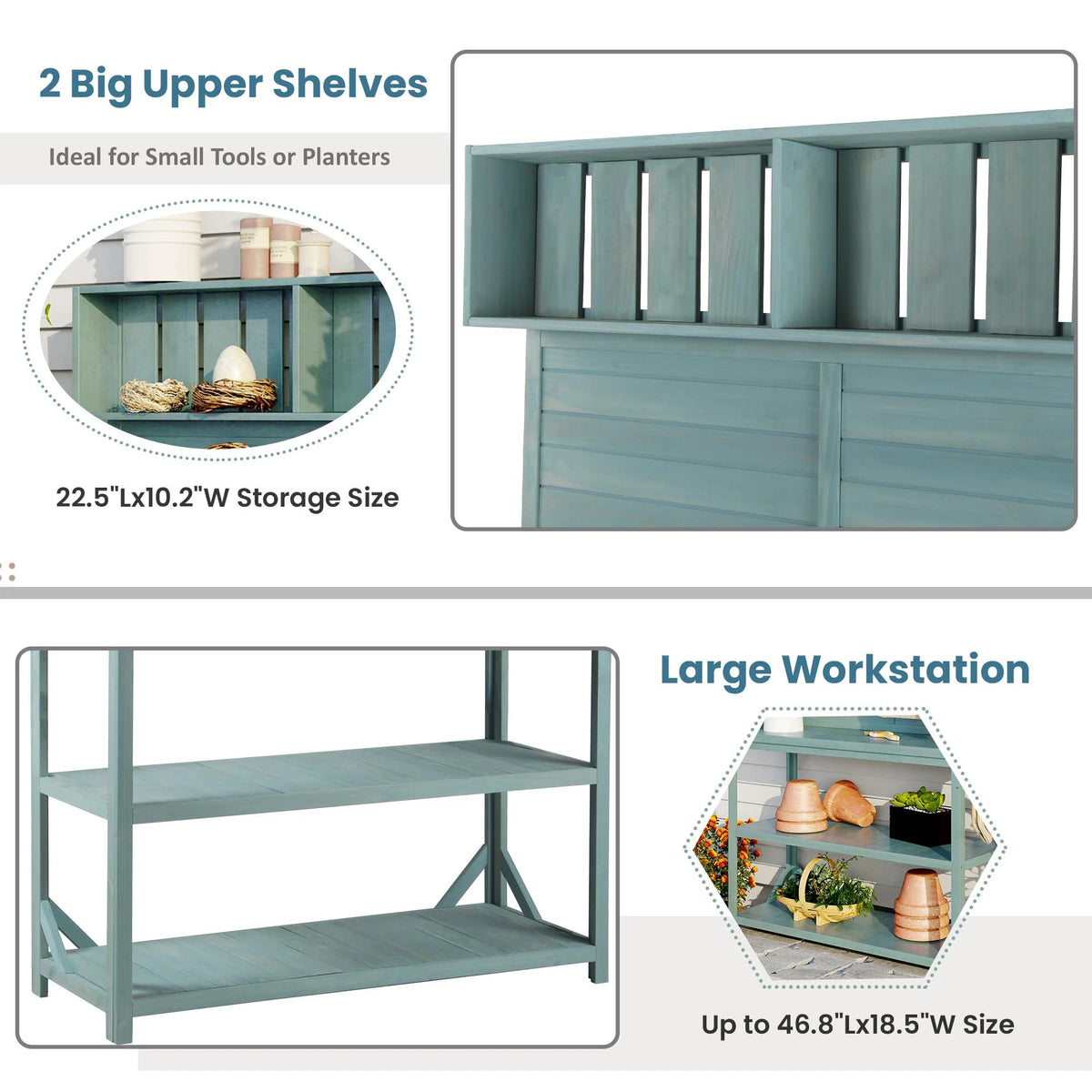 65" Large Wooden Farmhouse Rustic Outdoor Potting Bench Table, Patio Workstation, Garden Potting Bench with 4 Storage Shelves and Side Hook, Green