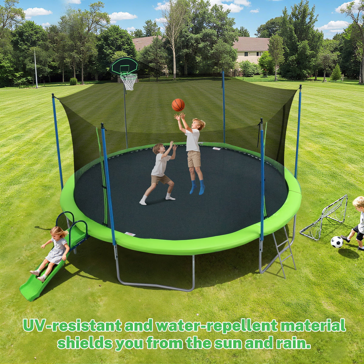 12FT Trampoline with Slide, Swings, SEGMART Recreational Trampoline with Basketball Hoop and Ladder, Heavy Duty Outdoor Backyard Trampoline with Net for Kids and Adults, Green