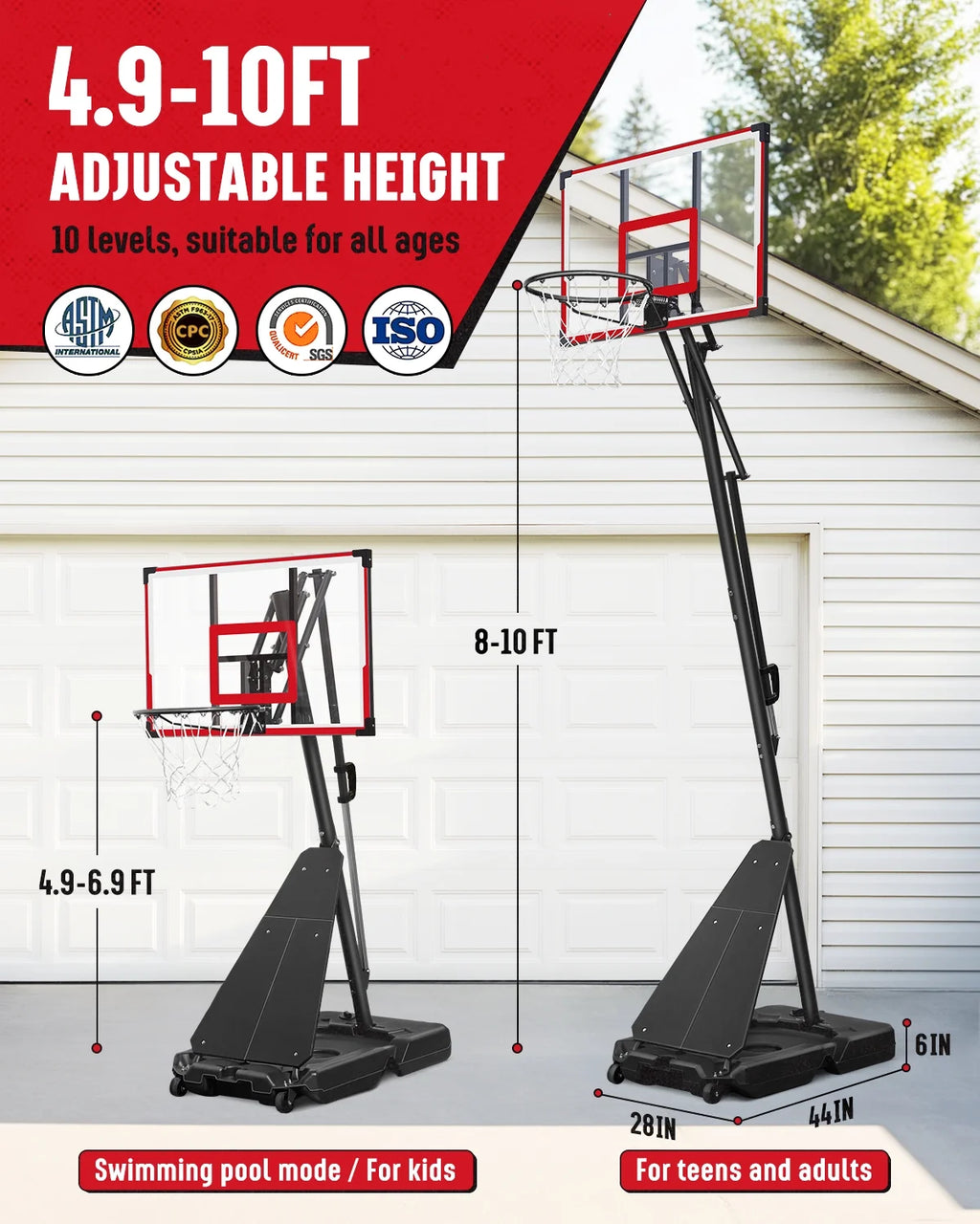Seray Basketball Hoop with 4.8 - 10 Feet Height Adjustable for Kids/Adults, Portable Basketball Goal with 44 in Backboard and 2 Wheels for Outdoor/Indoor Sports