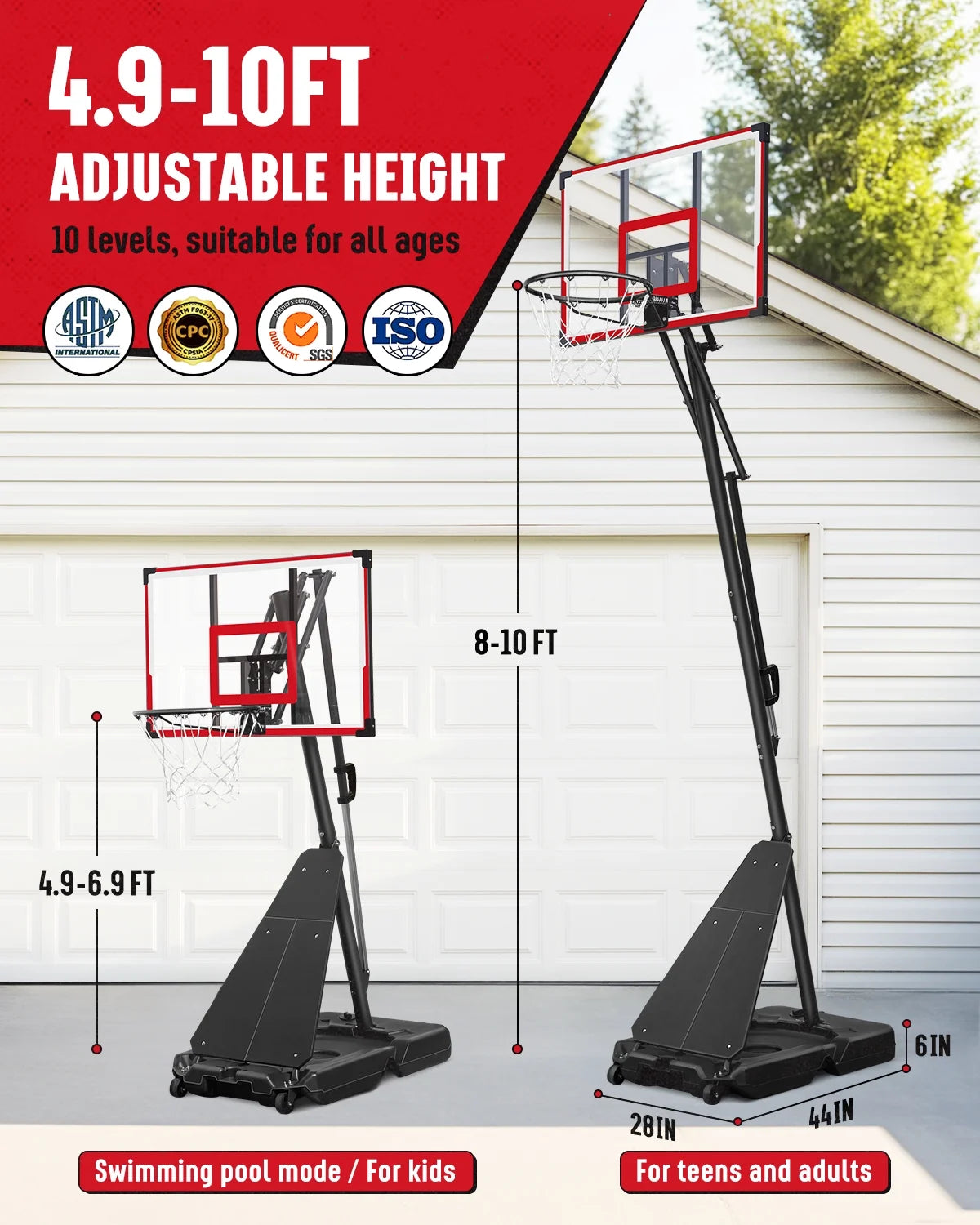 Seray Basketball Hoop with 4.8 - 10 Feet Height Adjustable for Kids/Adults, Portable Basketball Goal with 44 in Backboard and 2 Wheels for Outdoor/Indoor Sports