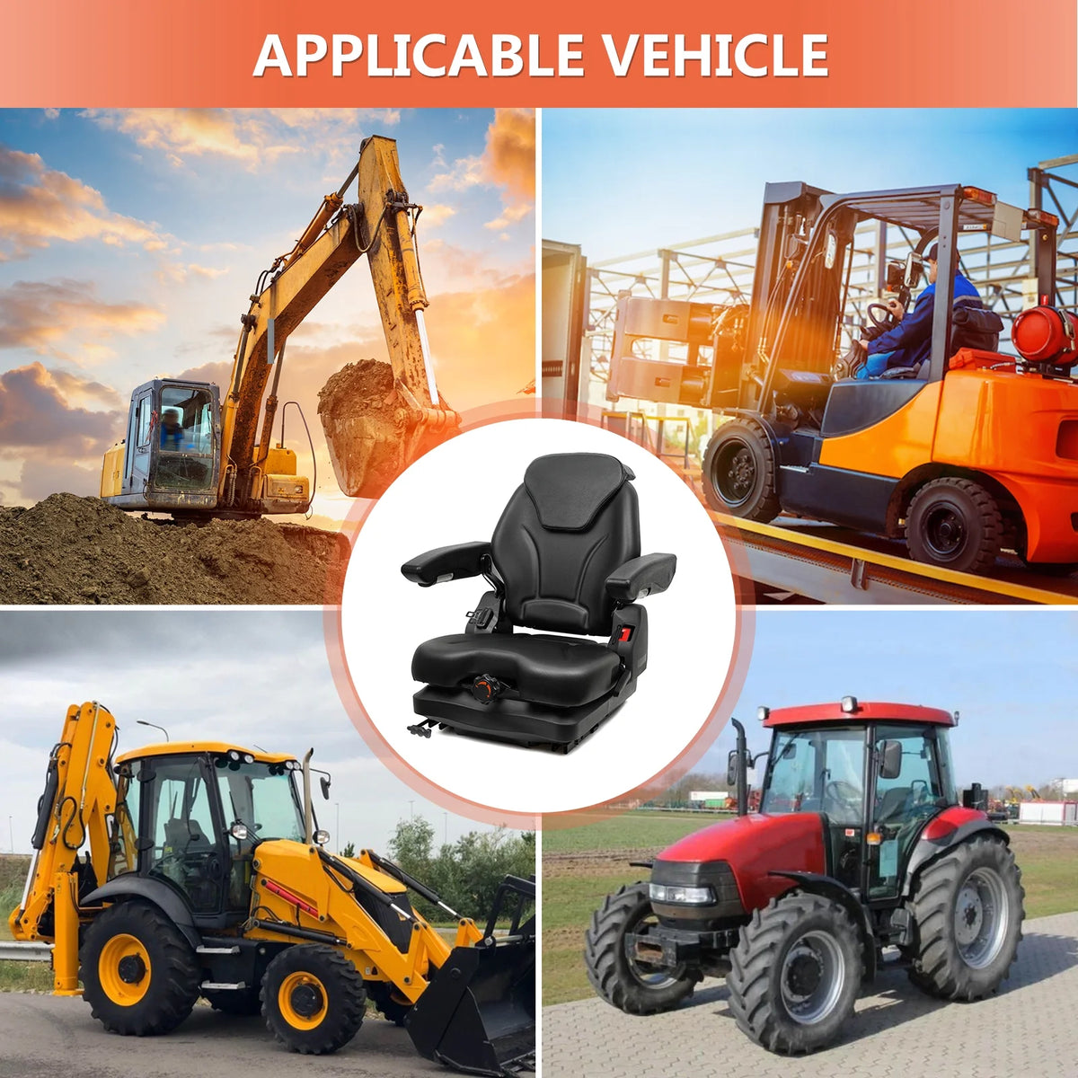 TICSEA Highback Low Suspension Tractor Seat, Adjustable Backrest Headrest and Slide Rails Forklift Seat, Adjustable Armrests Shock Absorber Heavy Duty for Excavator Harvester