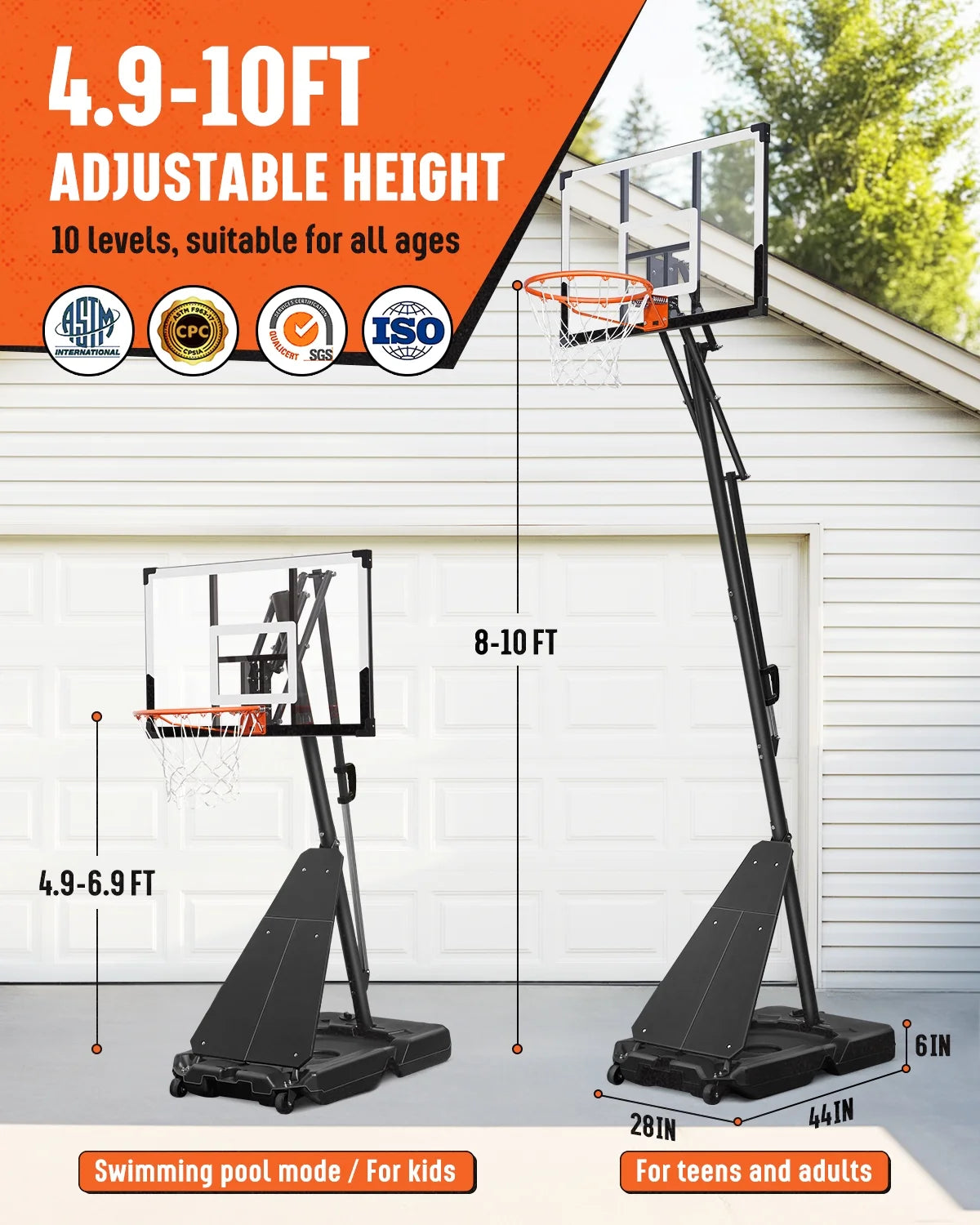 Seray Basketball Hoop with 4.8 - 10 Feet Height Adjustable for Kids/Adults, Portable Basketball Goal with 44 in Backboard and 2 Wheels for Outdoor/Indoor Sports