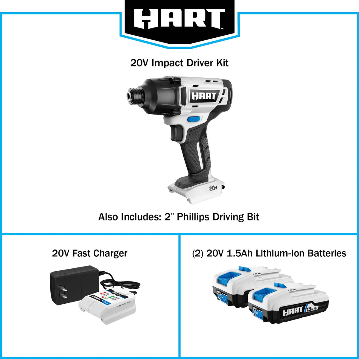 HART 20 - Volt Cordless 1/4" Hex Chuck Impact Driver Kit, (2) 1.5ah Lithium - Ion Batteries, Gen 2