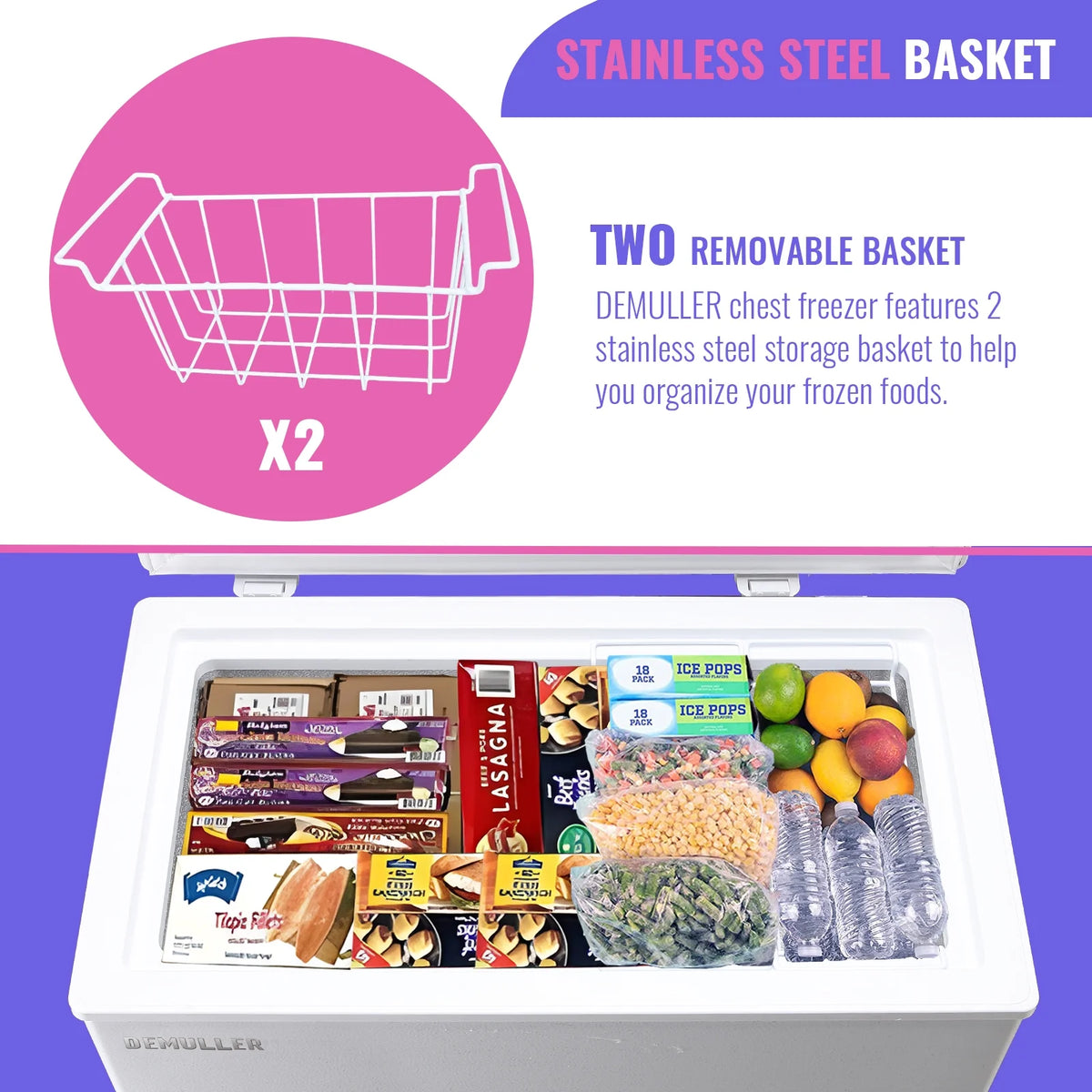 DEMULLER Chest Freezer 5.0 Cu. Ft Deep Freezer with Two Hanging Baskets Top Open Door Freezer White