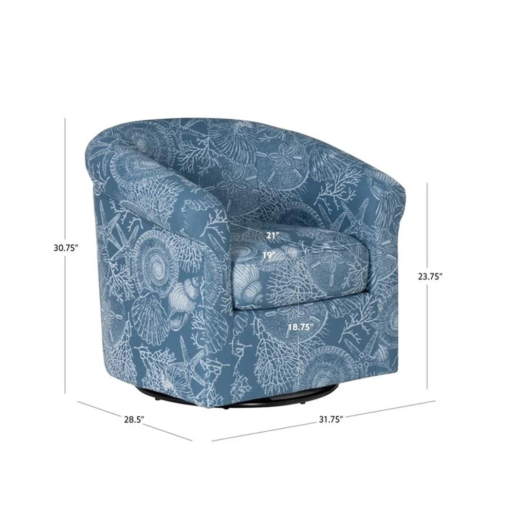 Linon Rhea Fully Upholstered Coastal Swivel Club Chair in Blue Seashell Pattern