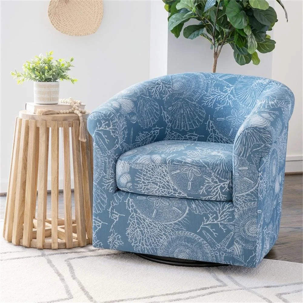 Linon Rhea Fully Upholstered Coastal Swivel Club Chair in Blue Seashell Pattern