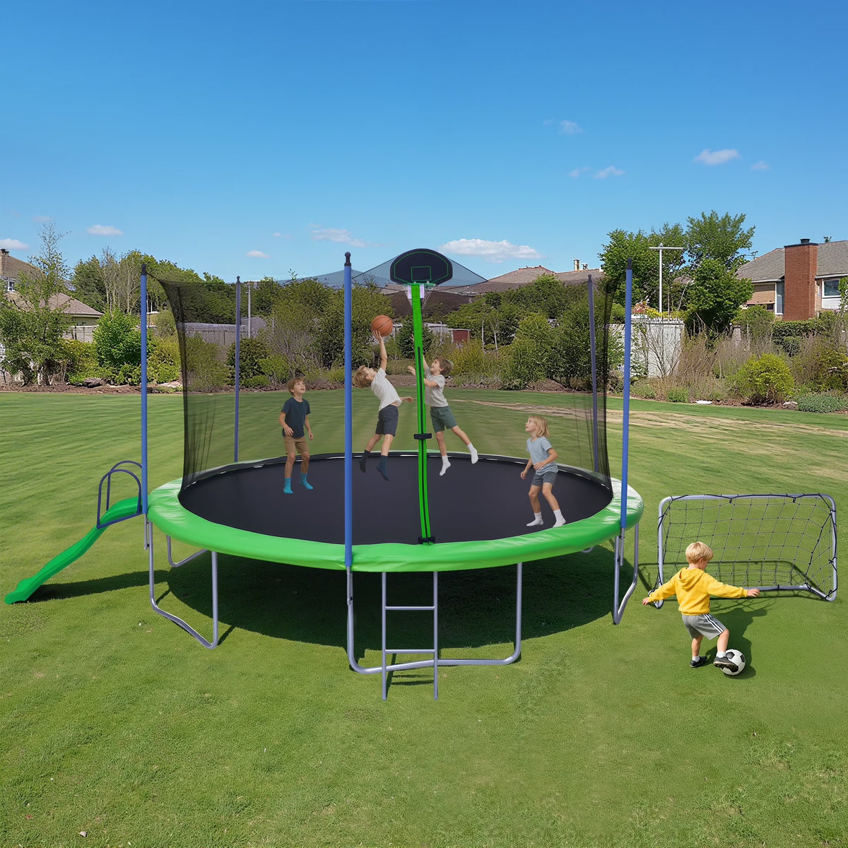 12FT Trampoline with Slide, Swings, SEGMART Recreational Trampoline with Basketball Hoop and Ladder, Heavy Duty Outdoor Backyard Trampoline with Net for Kids and Adults, Green