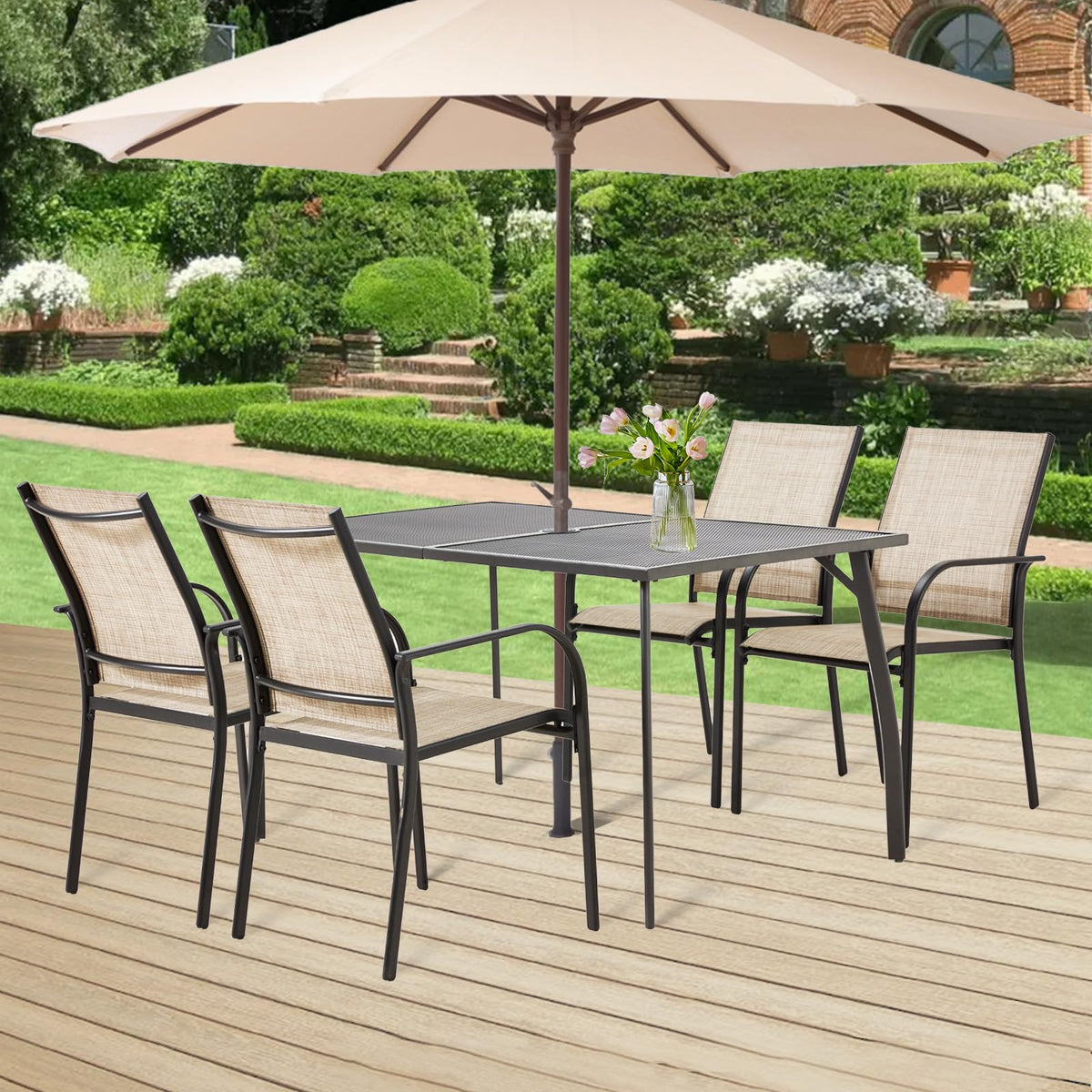 AECOJOY 5 Piece Patio Table and Chair Set for 4, Outdoor Dining Set with Rectangle Table 1.73" Umbrella Hole