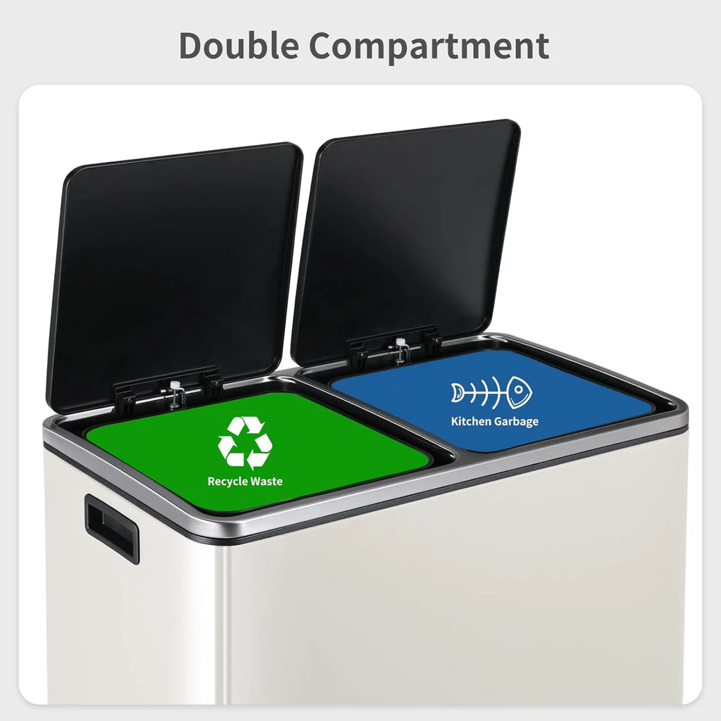 Arlopu 60 L/16 Gal Dual Trash Can, Stainless Steel Garbage Can for Kitchen, Recycle Bin with Lid