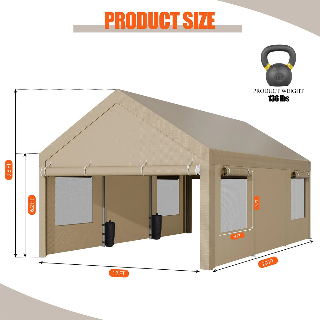 Walsunny 12x20 Ft Carport with 4 Sandbags Heavy Duty Canopy with Roll - up Windows Portable Garage with Removable Sidewalls & Doors Car Canopy Khaki
