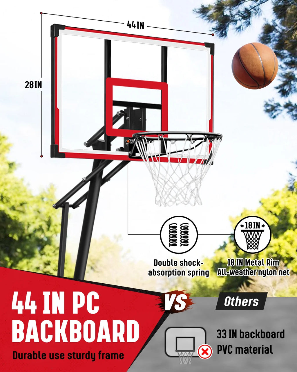 Seray Basketball Hoop with 4.8 - 10 Feet Height Adjustable for Kids/Adults, Portable Basketball Goal with 44 in Backboard and 2 Wheels for Outdoor/Indoor Sports