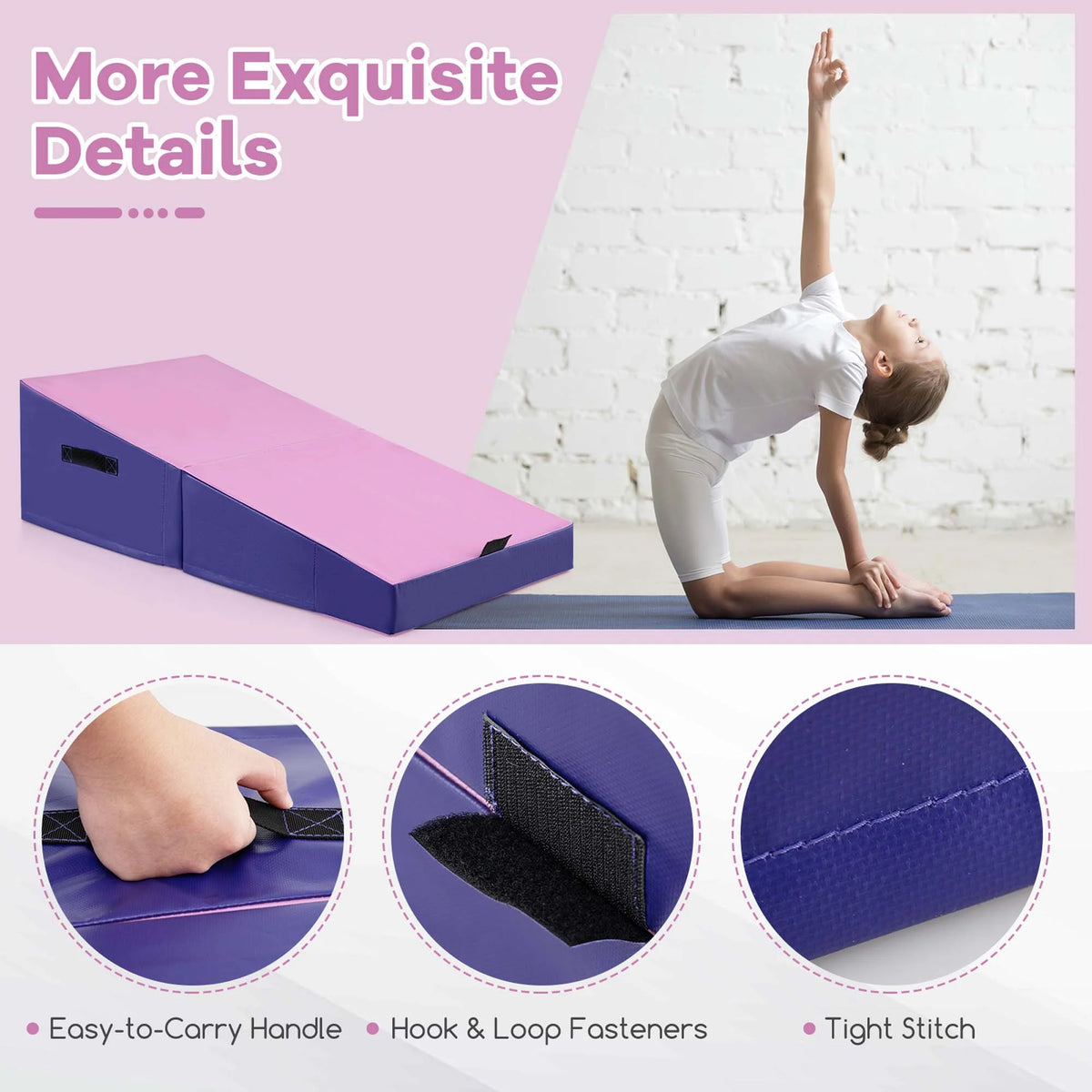 Costway Gymnastics Tumbling Mat Folding Incline Yoga Mat with Non - Slip PVC Leather Pink