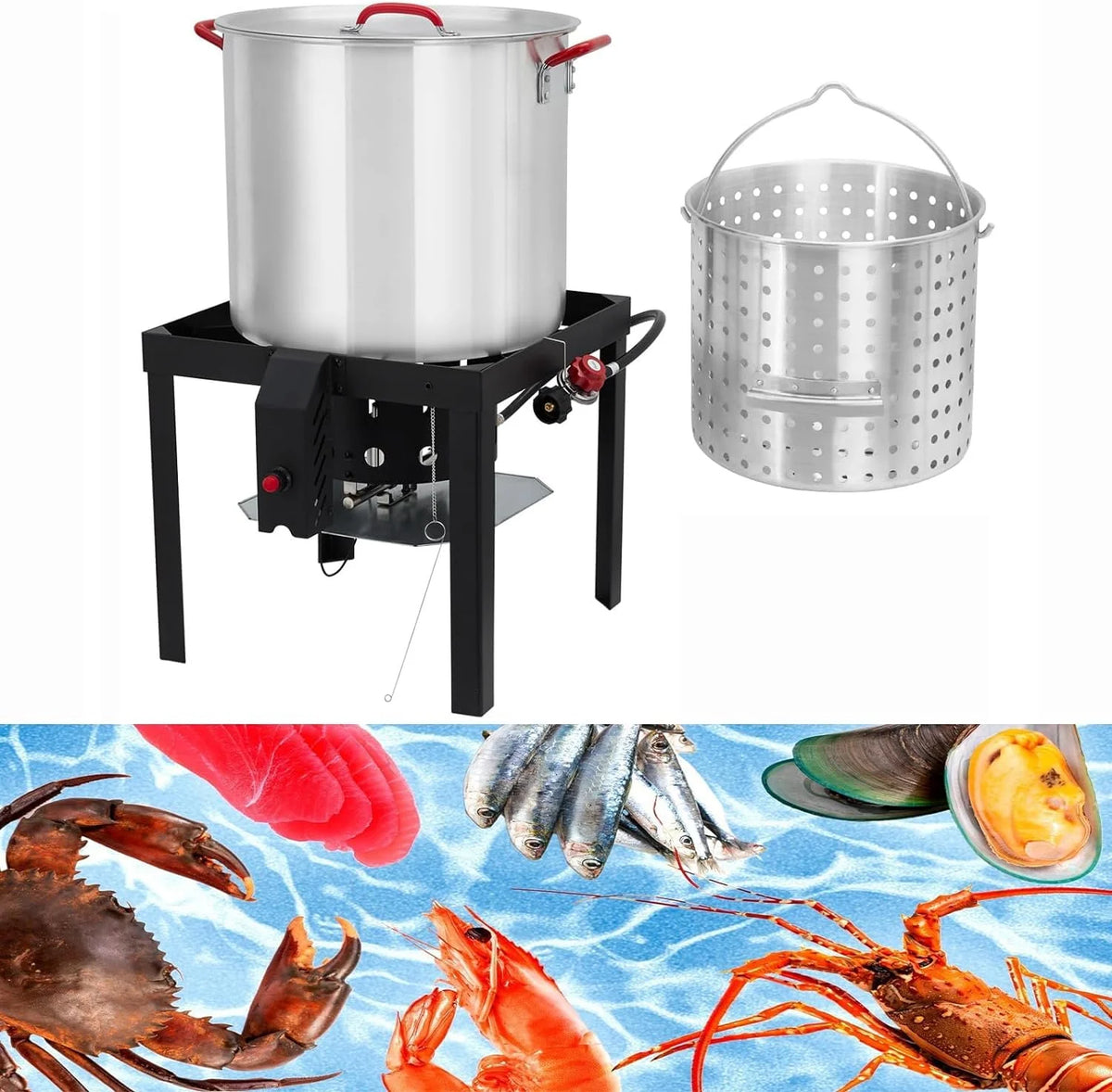 Huisuilinss 80 Qt Seafood Boiling Kit with Strainer, Outdoor Seafood Boil Pot and Basket with 110, 000 Btus Propane Burner and 0 - 10 PSI Regulatored for Cooking Shrimp and Crab