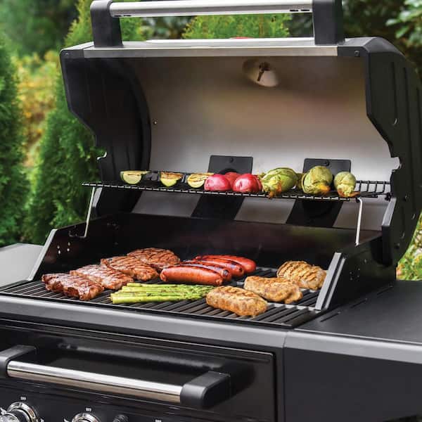 Flavor Pro 4-Burner Propane. Wood Gas Grill with Multi-Fuel Flavor Drawer in Silver