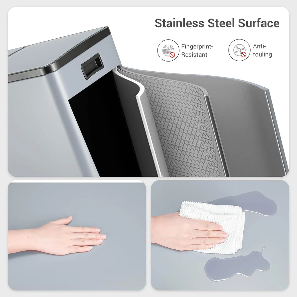 Arlopu 60 L/16 Gal Dual Trash Can, Stainless Steel Garbage Can for Kitchen, Recycle Bin with Lid