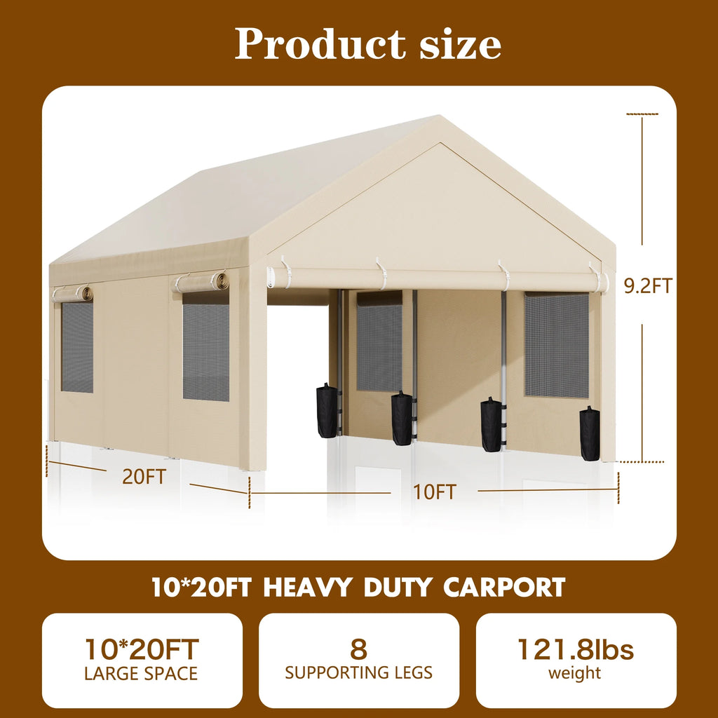 Walsunny 12x20 Ft Carport with 4 Sandbags Heavy Duty Canopy with Roll - up Windows Portable Garage with Removable Sidewalls & Doors Car Canopy Khaki