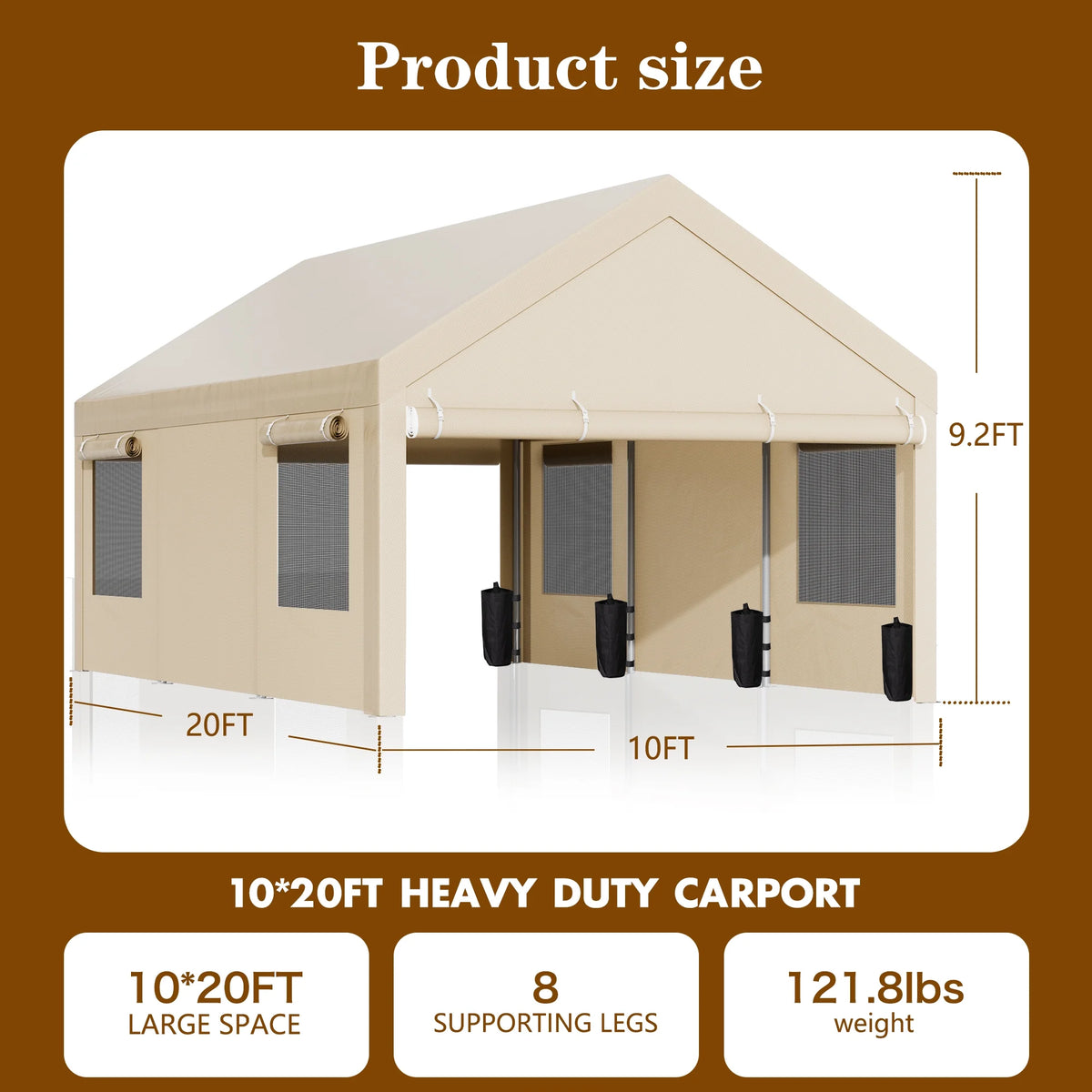 Walsunny 12x20 Ft Carport with 4 Sandbags Heavy Duty Canopy with Roll - up Windows Portable Garage with Removable Sidewalls & Doors Car Canopy Khaki