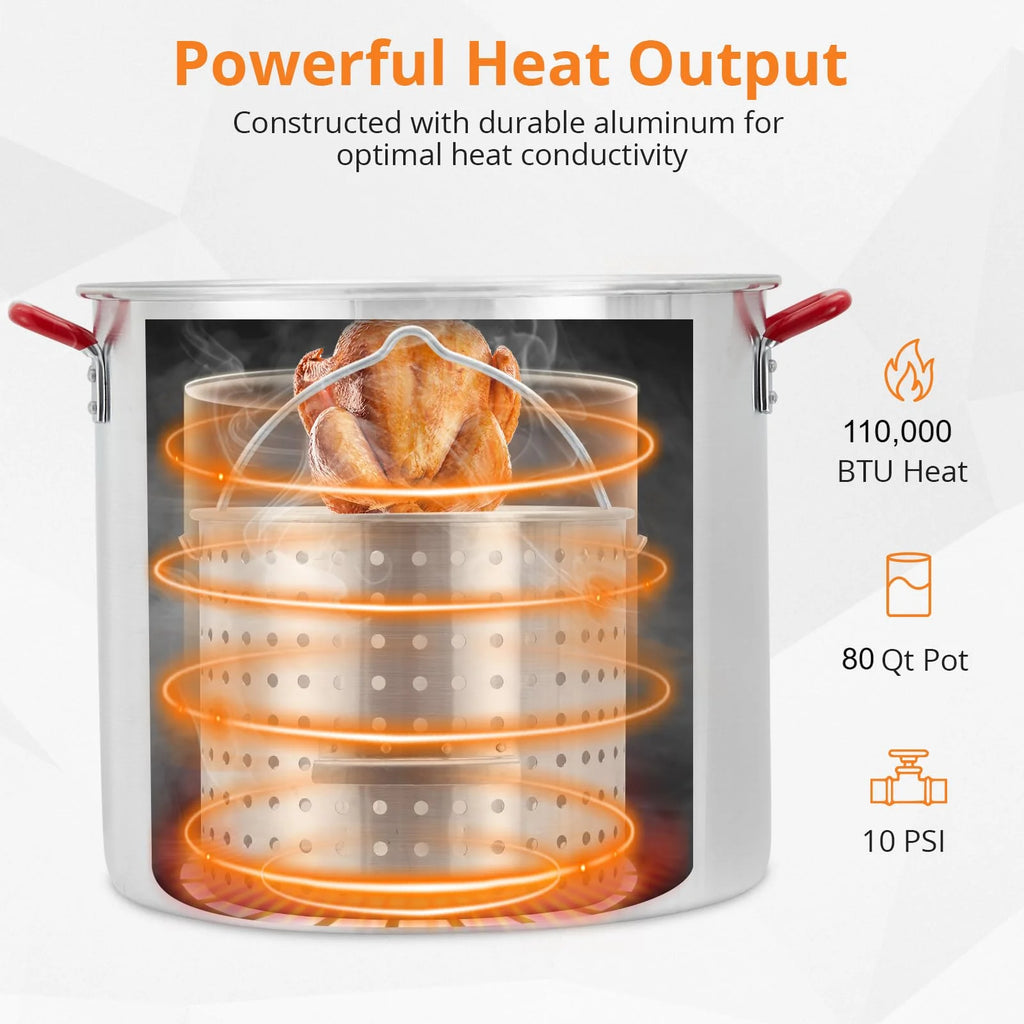 Huisuilinss 80 Qt Seafood Boiling Kit with Strainer, Outdoor Seafood Boil Pot and Basket with 110, 000 Btus Propane Burner and 0 - 10 PSI Regulatored for Cooking Shrimp and Crab