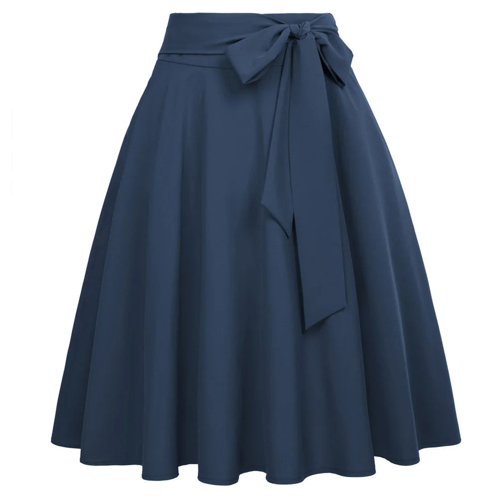 Jupe trapèze mi-longue pour femme BP, taille haute, couleur unie, ornée d'un nœud à nouer, style décontracté avec ceinture