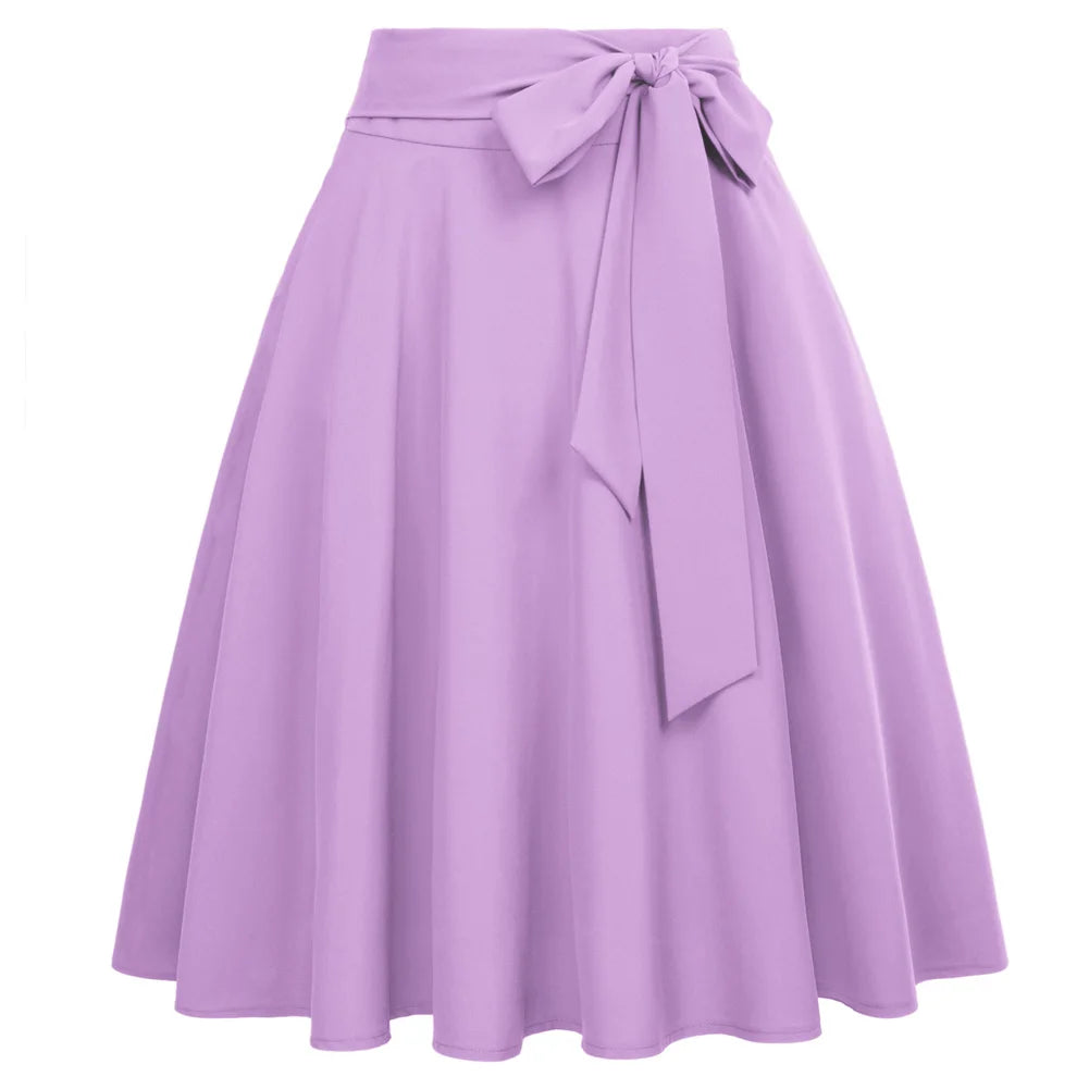 Jupe trapèze mi-longue pour femme BP, taille haute, couleur unie, ornée d'un nœud à nouer, style décontracté avec ceinture