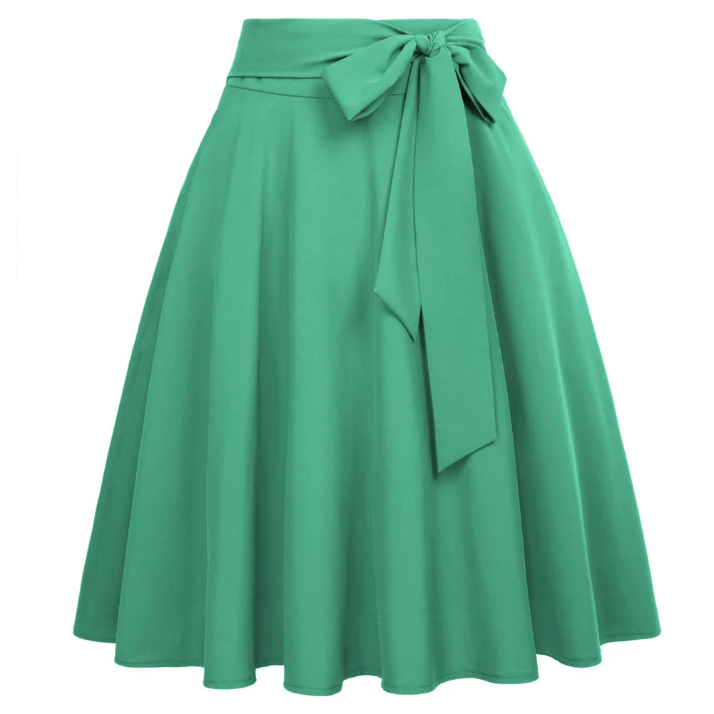 Jupe trapèze mi-longue pour femme BP, taille haute, couleur unie, ornée d'un nœud à nouer, style décontracté avec ceinture