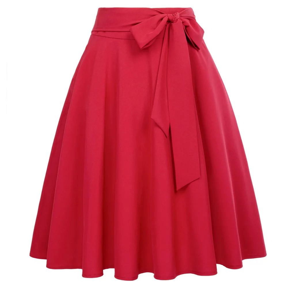 Jupe trapèze mi-longue pour femme BP, taille haute, couleur unie, ornée d'un nœud à nouer, style décontracté avec ceinture
