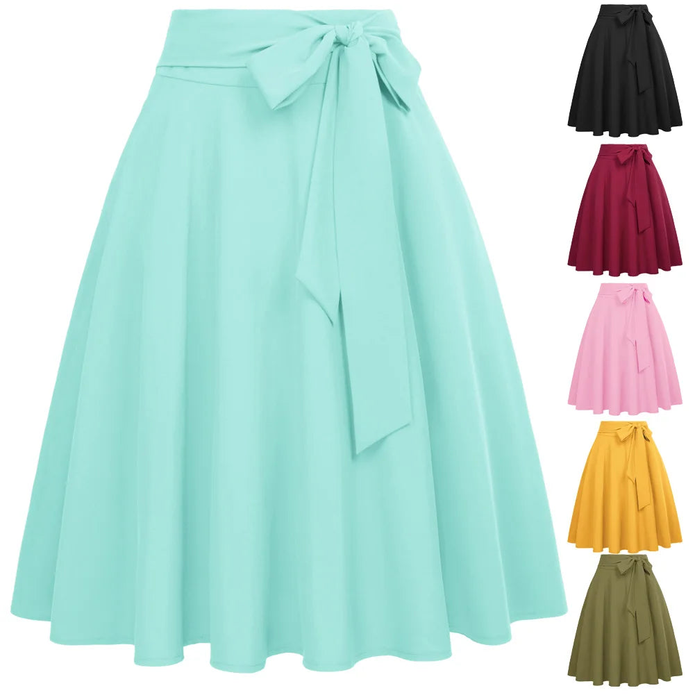 Jupe évasée mi-longue pour femme, couleur unie, taille haute, nœud décoratif, style rétro élégant, coupe trapèze.