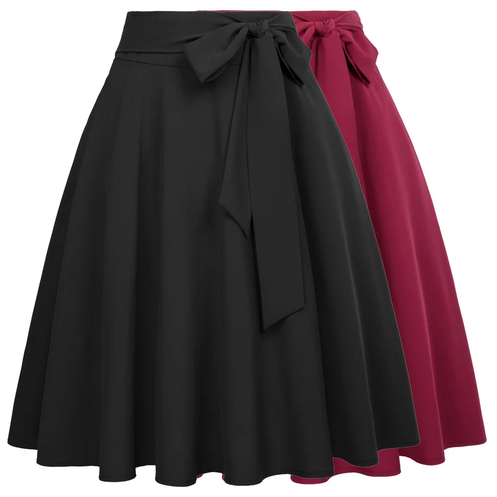 Women Solid Color High Waist skirts Self-Tie Bow-Knot Embellished big swing keen length elegant retro A-Line Skirt faldas mujer