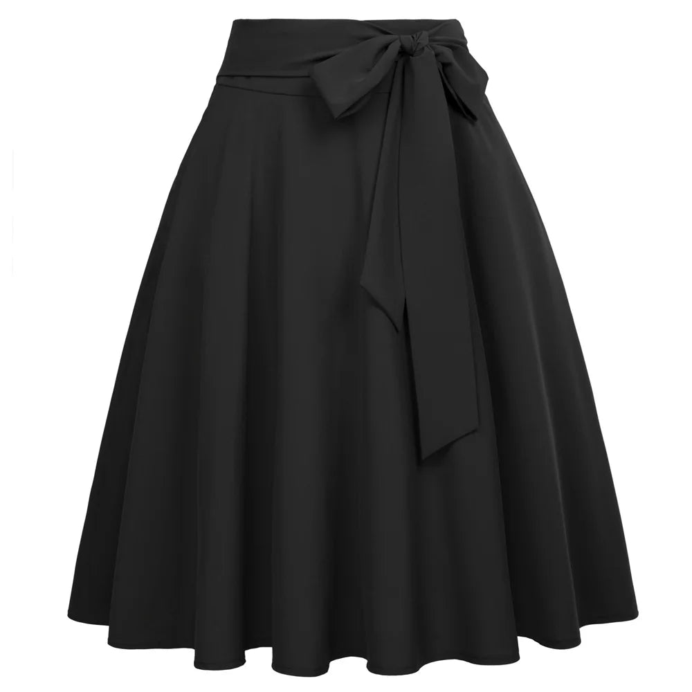 Women Solid Color High Waist skirts Self-Tie Bow-Knot Embellished big swing keen length elegant retro A-Line Skirt faldas mujer