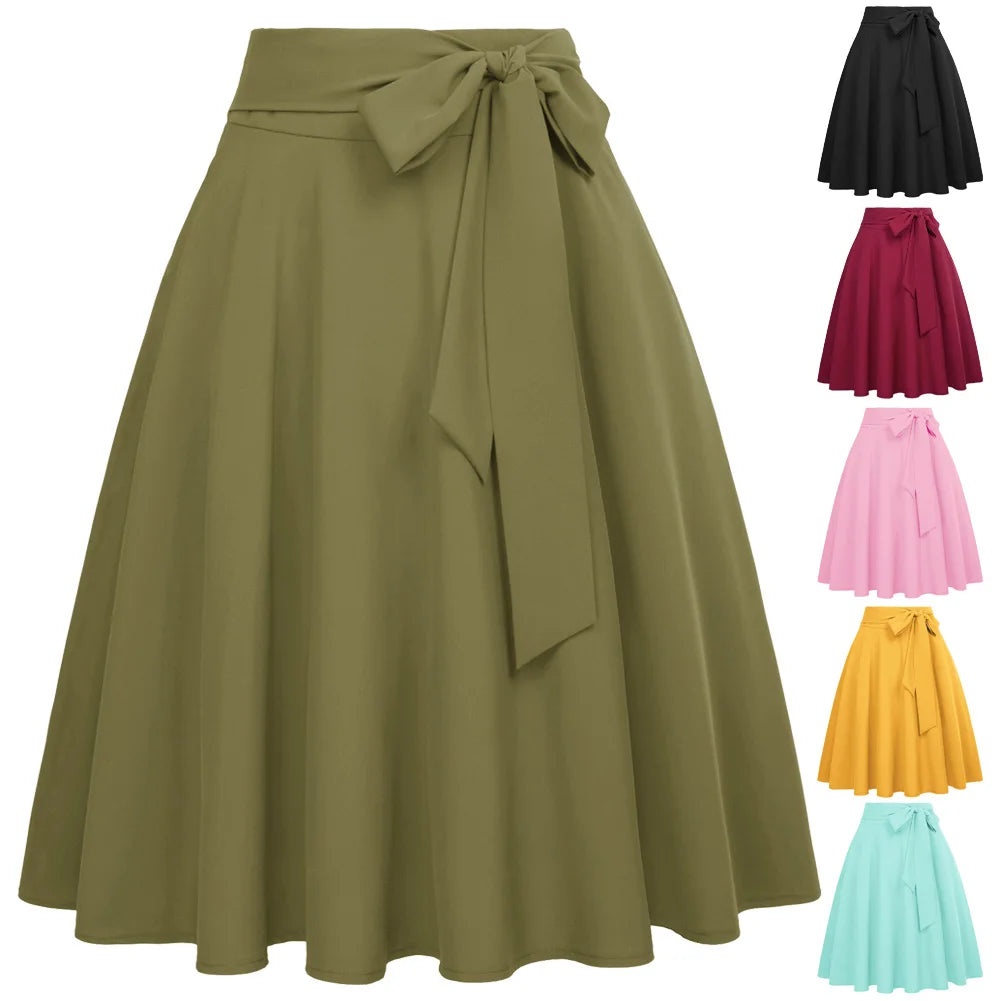Women Solid Color High Waist skirts Self-Tie Bow-Knot Embellished big swing keen length elegant retro A-Line Skirt faldas mujer