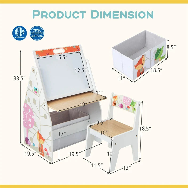 3-in-1 Kids Art Easel with Chair, Wooden Toddler Easel Table & Chair Set w/ Double-Sided Magnetic Whiteboard & Chalkboard, Bookshelf, Storage