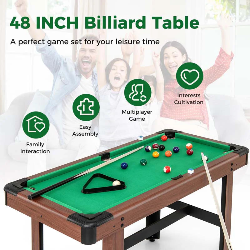48" Mini Pool Table, Wooden Billiards Table with 16 Balls, 2 Cue Sticks, 2 Chalks, Triangle & Brush for Adults Kids Family Party, Game Room