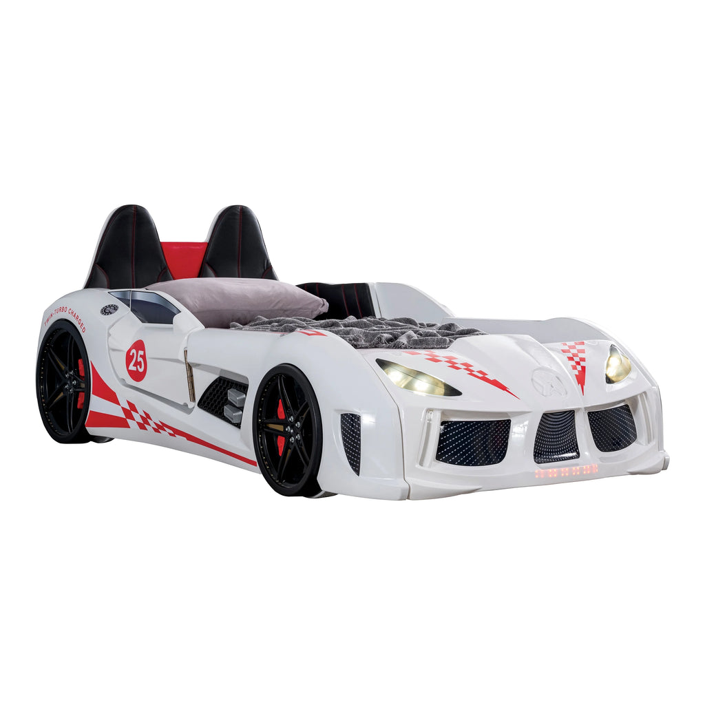 Furniture of America Dash Kids Plastic Twin Race Car Bed with LED and Sound, White