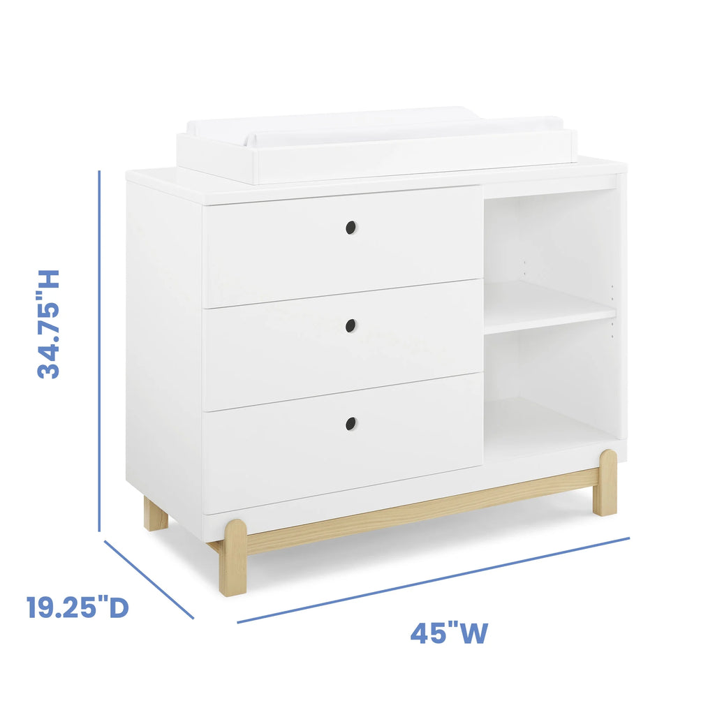 Delta Children Poppy 3 Drawer Dresser with Cubbies and Interlocking Drawers, Bianca White/Natural