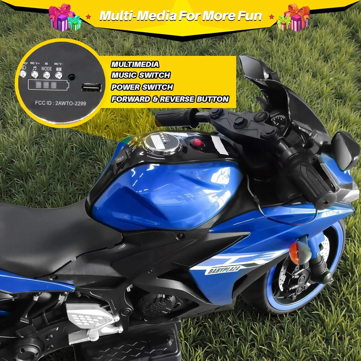 2 Seats Electric Dirt Bike Motorcycle for Kid 3 - 8, 12V Kids Motorcycle with Manual Throttle, Lighting Wheels, Music Function, Max Load 99 lb (Blue)