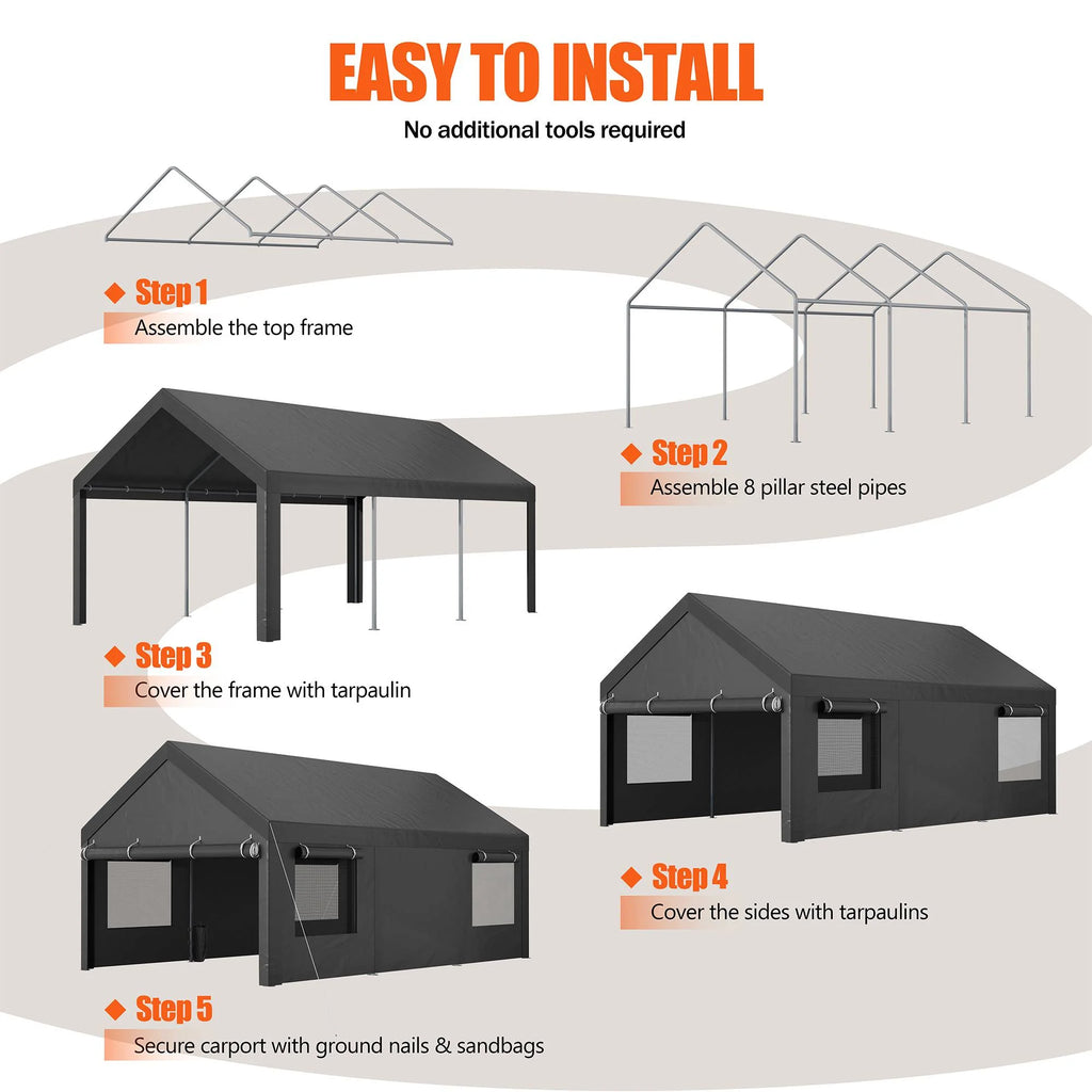 Walsunny 12x20 Ft Carport with 4 Sandbags Heavy Duty Canopy with Roll - up Windows Portable Garage with Removable Sidewalls & Doors Car Canopy Khaki